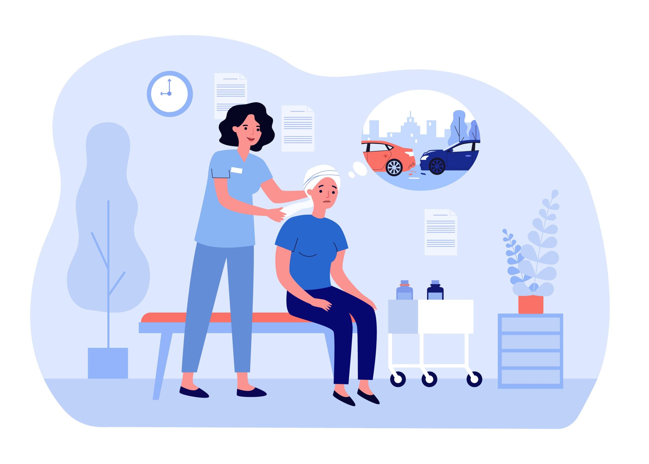 Nurse bandaging head of sad female patient after car accident. Woman thinking about vehicles bumping flat vector illustration.