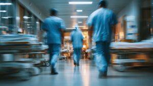 Blurred hospital corridor with medical personnel walking away.