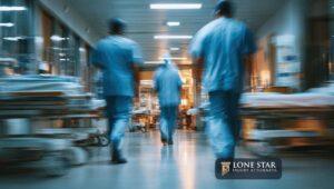 Blurred hospital corridor with medical personnel walking away.