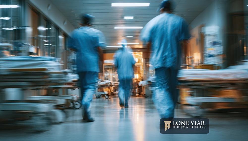 Blurred hospital corridor with medical personnel walking away.