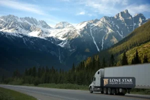 Commercial semi-truck traveling along a mountain highway surrounded by forest and snow-capped peaks.