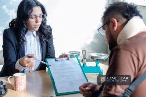 Young lawyer showing a document paper to a male client., insurance, legal contract or lawyer consulting.